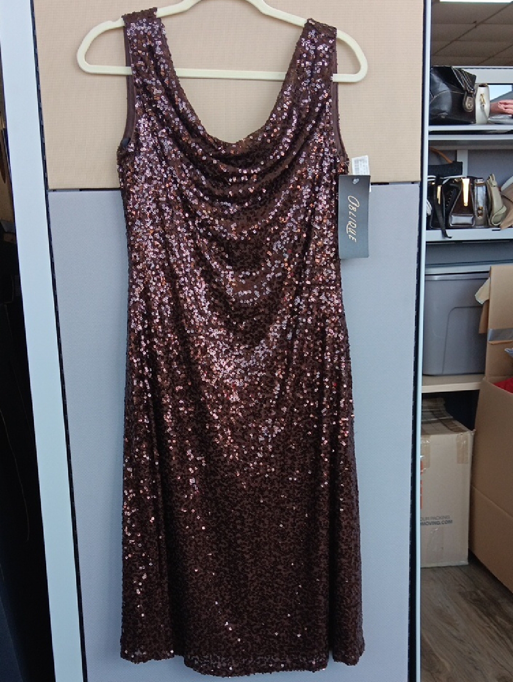 Sequin Cowl Neck Midi Dress in Brown